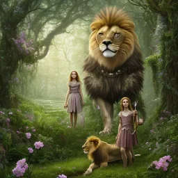 Young beautiful girl wearing floral crown next to a stunning lion on nature forest path, Chronicles of Narnia, 8k resolution, high-quality, fine-detail, iridescent, intricate, digital art, detailed matte, volumetric lighting, beautiful, illustration, 3D octane render, brian froud, howard lyon, selina french, anna dittmann, annie stokes, lisa parker, greg rutowski,