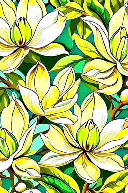 multi colors Magnolia, flowers green leaves golden outlines seamless pattern oil painting white background