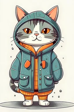 sweet illustration of a cat in coat , in a cartoon style