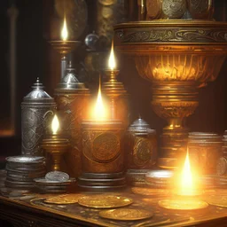 dynamic lighting, Intricately detailed, Splash screen art, deep color, Unreal Engine, volumetric lighting, silver coins, gold coins, silver treasure, stacked coins, indoors, candle, altar, black table,