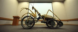 pinhole cam, airbrush 3d rendering, on tv screen:A five-second cinematic single take in a clean industrial presentation hall. A bizarre mechanically plausible tracked atv machine stands beside a presentation podium, designed to look like a giant mechanical praying mantis. Two large bicycle wheels form its main body and four thin articulated mechanical legs support it. Two long folded mechanical front arms resemble mantis forelegs, huge head and arms