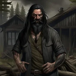 The large and furious black haired lumberyard owner "Big K" grimdark realistic apocalypse survivor