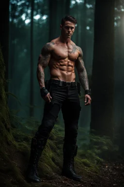 Handsome muscular alpha male, 30 years old, Dark eyes, Long brown hair which flows over his shoulders, bare chest covered in tattoos and scars. wearing black combat trousers and heavy boots, photorealistic, 4k, dark fantasy, forest background