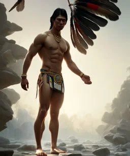 native american warrior, long black hair, standing on top of shattered glass, big muscles, loincloth, shirtless, 8k resolution concept art portrait by Greg Rutkowski