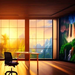 old wood sober house, large desk, parquet, sheet of paper, little pen, office chair in front of a huge picture window with large view on a waterfall with warm light, sunset ,photorealistic, detail, panorama, nature, globe, 8K, Hallelujah mountains, view first person