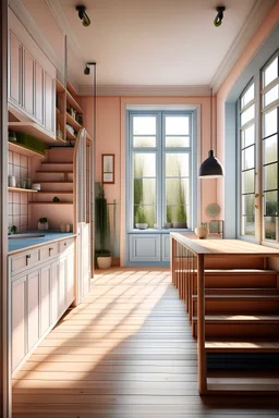 High resolution photography kitchen design, wooden floor, small windows opening onto the garden, bauhaus furniture and decoration, high ceiling, beige blue salmon pastel palette, a door opening into stairs on the left,spot lights in the celinginterior design magazine, cozy atmosphere; 8k, intricate detail, photorealistic, realistic light, wide angle, kinkfolk photography, A+D architecture, Kitchen Sink , Basket of frutis and vegitables , bottel of drinking water,Magazine styleHigh resolution pho