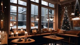 the inside of a luxury Cozy christmas cafe. there is a large window and outside you can see the street it is snowing. the inside of the cafe is christmas decorated. there is a table with desserts and hot chocolate