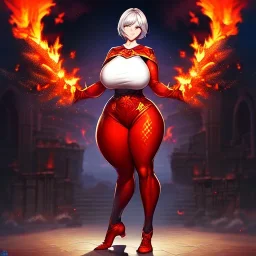 fantasy art, busty latina, big booty, full-body,standing next to car , beautiful-face, short hair, red-silver-fire-pattern outfit, short outfit, tight outfit, scoop-neck, enormous bust, realistic artwork,full body show, posing ,