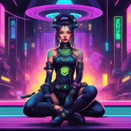 [psychedelic pixel illustration by Jannell Jaquays with Solstice colour palette] Neon Void (AcidHouse Space Opera) a Neo-cyberpunk asian warrior girl with barcode tattoo sits in front of the camera, weapons ready to engage, casino in the background