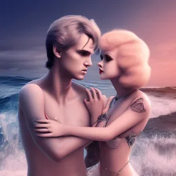 Aaron Carter with sexy Clara Bow, stormy seas, two people, Aaron Carter, romance, romantic, water, swimming, DAZ3D, by Michael Turner, soft lips, cinematic lighting, studio lighting, shine, 4K, fantastic view, girls at beach with her.