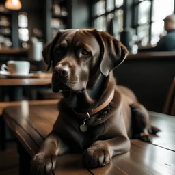 un perro labrador marron oscuro tomando café en una cafetería de especialidad
