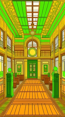 sports club in the style of winsor mccay, green and ocher palette, dreamlike details, ducts, doors, passageways, tracks and pipes