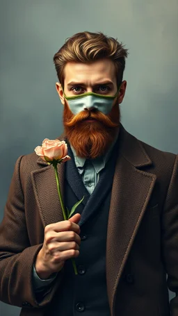 Van Gogh styles , a handsome gentleman with mask without a beard front view holding a flower and give it to you looking at you In foggy smoky background