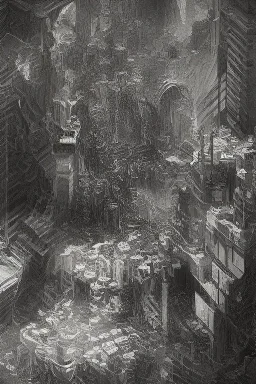 surrealis monochrome A fragmented, surreal sculpture liquid dark color of photorealistic image 3d,psychedelic art glossy emerging from devilish a crumbling Atlantis building. The evoking a haunting expression. set against a backdrop of stormy, cloud s. bauhaus art The overall tone is dark and moody, suggesting themes of decay and transformation.