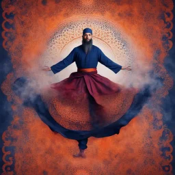 Hyper Realistic Sufi Whirling with Maroon, Islamic Sufi Rustic Grungy orange Islamic pattern & navy-blue fog