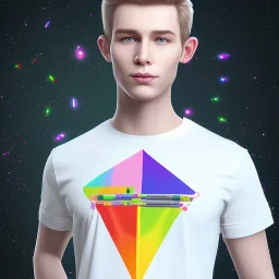 full body photo of smiling feminine pretty 19 year old boy wearing a star wars shirt, with rainbow glitter eye make-up, flat chest, pronounced adam's apples, short and long pink hair, no body hair, no tattoos, lgbt, transgender, highly detailed, photo realistic, plain background, still shot, photo realism, full body photo, 8k high resolution, high detail, --ar 2:3 --v 4