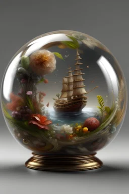 The miniatur ship in glass ball is an abstract concept that refers to a world made entirely of flowers or plants, often in a fantasy or mythical setting. The flower planet in this image appears to be a baroque world, with ornate spiral patterns and intricate designs.