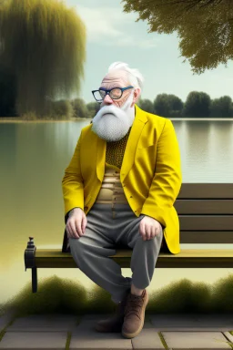 1000-year-old old English man, wise face ,glasses, cynical look, yellow mustache, eyes expressing wisdom, white beard, wrinkled cheeks, precise details, pants with slacks, sitting on a bench in the garden, in the background of a lake with swans, outdoor shot, cinematic, UHD. 20K, 300 DPI