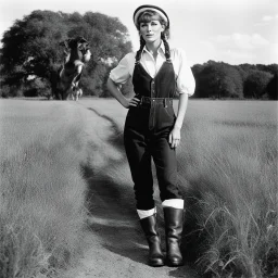 [photo by Helmut Newton] Grown up Pippi Longstocking: with a revealing overalls and cowboy boots in a field