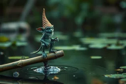 airbrush and pen outline, a glittering Deep Gnome (Svirfneblin) gremlin balancing on bamboo stick on the surface of a pond, goa psy ambient in the style of vangelis and fsol, source vibrations, bokeh like f/0.8, tilt-shift lens 8k, high detail, smooth render, down-light, unreal engine, prize winning