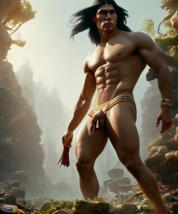 native american warrior, long black hair, standing on top of shattered glass, big muscles, loincloth, shirtless, 8k resolution concept art portrait by Greg Rutkowski