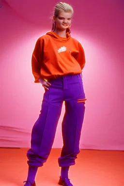 year 1994 women fashion. Karjalainen kuvio, Karjala, "summer combat suit trouser" with low waist, baggy, Combat pants, t-shirt and interesting hoodie with high tippet integrated to bolero. Colors: denim blue, blue, purple, khaki, "pastel light green", lilac, plum, orange, terracotta, red, pink, dark blue, beige. Women models. Starling pattern prints.Jennifer Lopez, Gwyneth Paltrow. intgrated bag. Big tennis shoes on. Cargo pants.