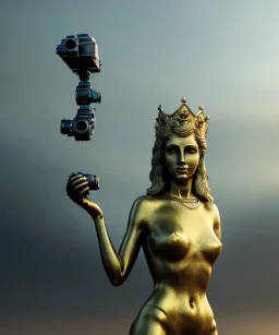 Statue of Queen of photography holding camera in hands. Cute blonde woman. Photographer in golden crown. Standing on the street. Big camera in her hand. hyperdetailed, photorealistic, trending on artstation, greg rutkowski, beksinski, kodachrome, volumetric lighting, gold and cyan