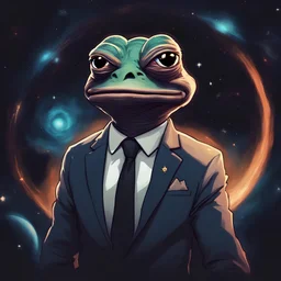 A godlike Pepe radiating with power! He's dressed in a suit and tie. The background is outer space.