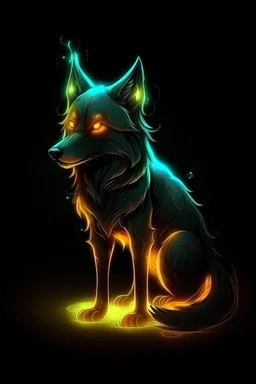 Super cool glowing a spiritual elemental canine with mencaing glowing eyes In a dark room. It sits alone staring deeply into the screen, it has a painted-anime style.