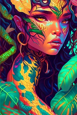 Tropic Viper Girl, Highly detailed, Vibrant colors, Sharp focus, art by mandie manzano and lois van baarle, tropical foliage in background, Fantasy, Intricate, Matte, trending on artstation.