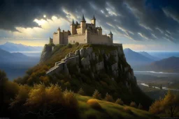 Sacra di San Michele. oil-painting in the style of Alan lee d&d larry elmore greg rutkowsky john howe william morris william turner hayao miyasaki