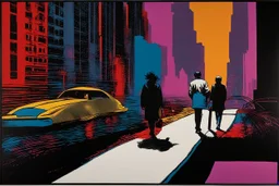 classic painting of a cyberpunk colourful walkway with two people making an exchange in the city with pollution by andy warhol