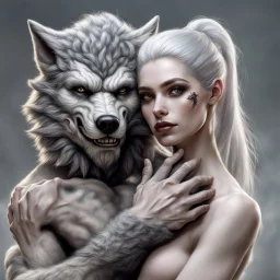 Teo the anthropomorphic strong gray hairy body wolfman holds between his paws the anthropomorphic pale hairy body wolfwoman's face , photo from face, neck and shoulders, blur background., high detalied, high realistic, sci-fi and fantasy mood