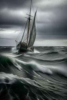 uun ancien grand bateau à voile, incliné de 45 degrés, dans un océan extrêmement agité avec de gigantesque vagues, et beaucoup de nuages gris avec une grosse tempête de pluie