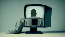 man no head, with monitor as head,