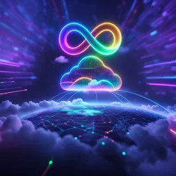 Colourful 3D glowing infinity symbol ∞, hovering above a colourful glowing cloud, network and lights coming from the cloud onto a futuristic map of the globe, inspiring, neon, glowing, friendly, beautiful, octane render, 8k post-production, artstation: award-winning: atmospheric: commanding: fantastical: clarity: 16k: ultra quality: striking: brilliance: liquid medium: stunning colors: amazing depth; lens: f/8, 28mm