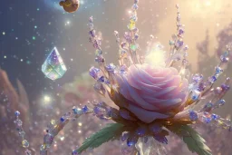 one big crystal subtle flower in a galactic ambiance above a very little beautiful fairy, transparent petals, delicate colors, in the foreground, full of details, smooth, bright sunshine，soft light atmosphere, light effect，vaporwave colorful, concept art, smooth, extremely sharp detail, finely tuned detail, ultra high definition, 8 k, unreal engine 5, ultra sharp focus