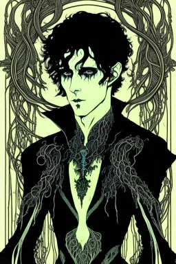 black haired young man necromancer wizard with gothic jewelry and tentacle fingers in the style of Harry Clarke