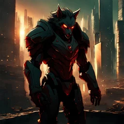 ((Anime future, man in futuristic suit, powerful wolf with piercing red eyes), medern utopic city, sun light, vibrant hues), adorned in armor, dominance, pure, metropolis, unyielding spirit of humanity, industrialized world, contrasting juxtaposition, (dramatic lighting, futuristic atmosphere, ruined cityscape, sunset), wide-angle lens, high resolution Negative prompt: (((((bad quality, poorly drawn, distorted, disfigured, ugly)))))