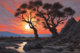 sunset, rocks, trees, dark fantasy influence, ludwig dettman impressionism paintings