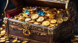 A close-up of the open treasure chest revealing gleaming gold coins and precious gems.
