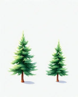 2 isolated spruce/pine trees with ground shadow, stylized graphic with watercolor