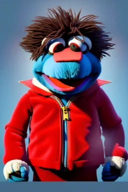 Waist up muppet Portrait, Nicolas maduro us muppet doll, tracksuit red blue and yellow, mustache, photo studio, red background, unreal engine 5, concept art, art station, ray tracing, lumen lighting, ultra detail, volumetric lighting, 3d.