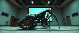 in the style of Escher and Giger and Fallout 4, pinhole cam, airbrush 3d rendering, on tv screen:A five-second cinematic single take in a clean industrial presentation hall. A bizarre mechanically plausible tracked atv machine stands beside a presentation podium, designed to look like a giant mechanical praying mantis. Two large bicycle wheels form its main body and four thin articulated mechanical legs support it. Two long folded mechanical front arms resemble mantis forelegs, huge head and arm