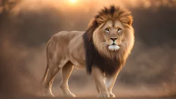 a resplendent lion standing, exuding majestic splendor in his luxurious surroundings. His majestic gait reflected the soft glow of a setting sun.