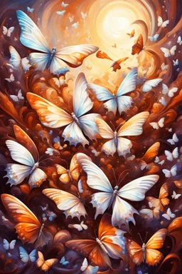 vibrant psychedelic oil painting image, airbrush, 64k, cartoon art image of background BROWN and WHITE BUTTERFLIES , futurism style