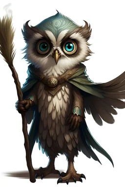 Northern Saw-whet Owlin Human Size Sorcerer from Dungeons and Dragons, young inexperienced, Holding magic staff, wings