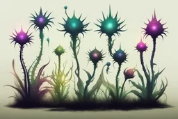 Isolated concept art of 5 alien plants on a grass neutral background. Strange fictional extraterrestrial flora with unusual shapes, glowing details, thorns, spines, tendrils, roots, and exotic flowers. Each plant designed with unique silhouette and fantasy colors, digital painting style, detailed textures, science fiction botanical illustration, no background, no landscape.