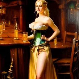 fullbody portrait 'beautiful face blonde massiveboobs medieval wench on tavern in medieval city',corset,painting by gaston bussiere, greg rutkowski, yoji shinkawa, yoshitaka amano, tsutomu nihei, donato giancola, tim hildebrandt, oil on canvas, cinematic composition,sharp image, extreme detail,((fit full head inside picture)),32k