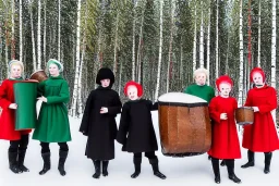 Northern Native Gaffers and a Sage. Indigenous, Kekripukki, carrying drums made of birch-park, Scary Horns, Midwinter, Mystic, Haunted Children. Traditional Costumes are white with red ornaments and patterns. African style colorful, black faces, Arctic Hills, Strange trees, Haunting Atmosphere, North-Carelia, Karelia, Karjala, Karjalainen, traditional Carelian costumes, dripping black tears on cheek,